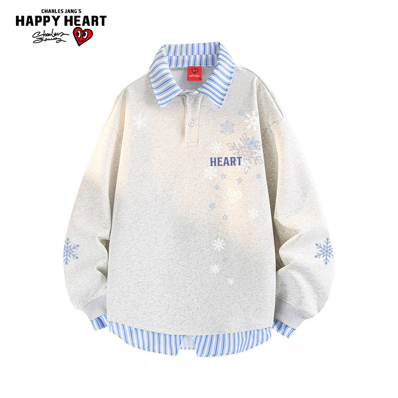 查尔斯桃心雪花印花衬衫领卫衣男女春秋季新款宽松休闲情侣上衣潮
