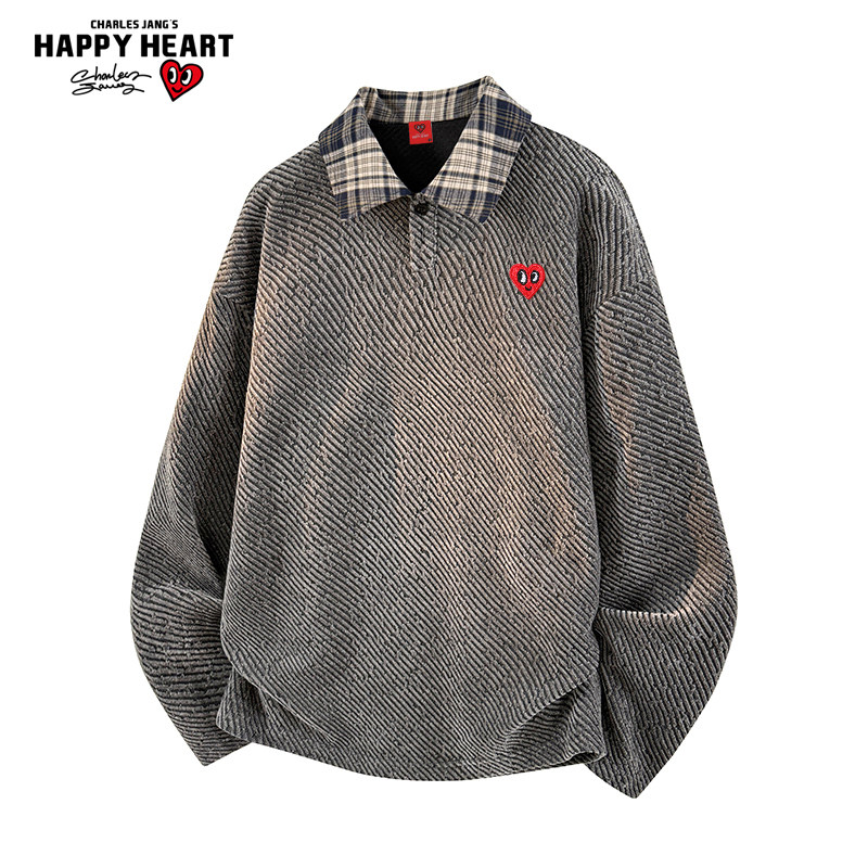 查尔斯桃心美式衬衫领加绒长袖T恤男女秋冬季宽松休闲百搭上衣服