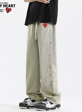 查尔斯桃心 春秋新款美式复古高街痞帅钮钉系带直筒牛仔长裤子男