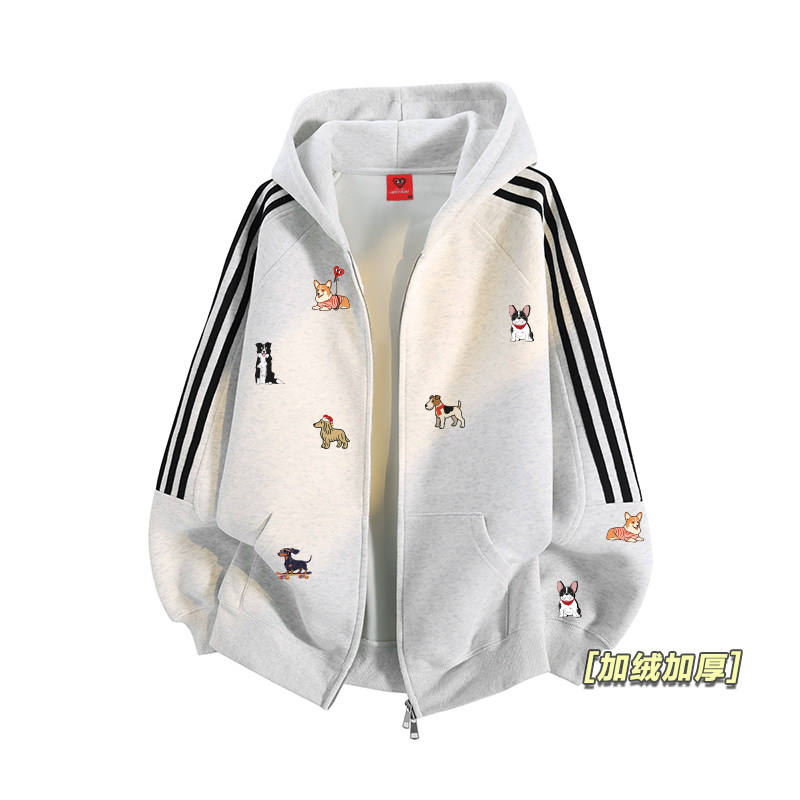 查尔斯桃心美式条纹开衫小狗印花卫衣男女加绒加厚连帽休闲外套潮