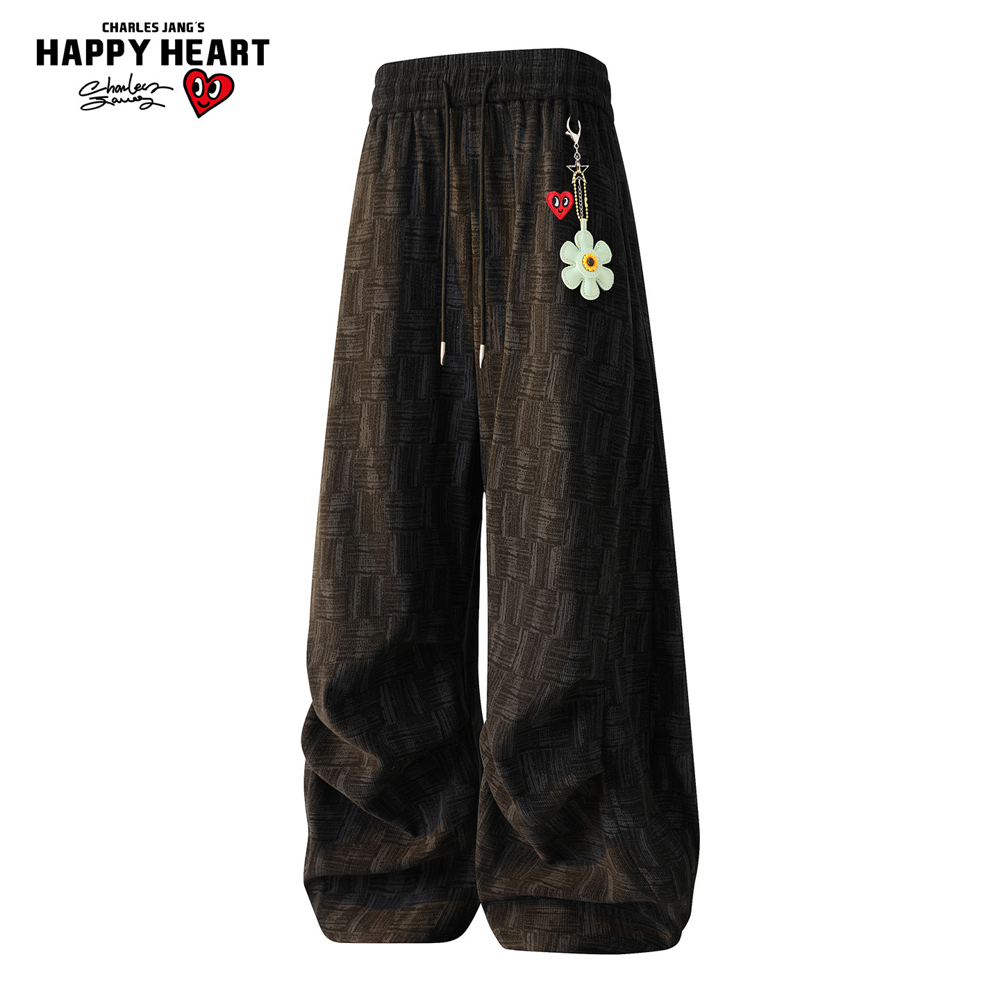 查尔斯桃心小香风编织纹裤子男款春秋冬季直宽松筒加绒厚阔腿长裤