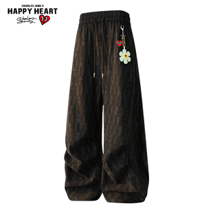 查尔斯桃心小香风编织纹裤子男款春秋冬季直宽松筒加绒厚阔腿长裤
