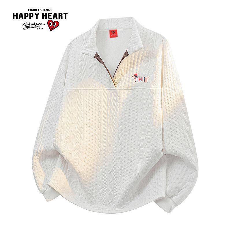 查尔斯桃心春季新款情侣麻花纹理感腊肠狗徽章半高领休闲长袖卫衣