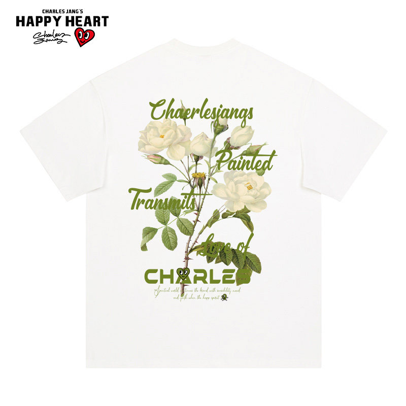 查尔斯桃心 花卉植物纯棉短袖t恤男女夏季宽松美式2026新款情侣