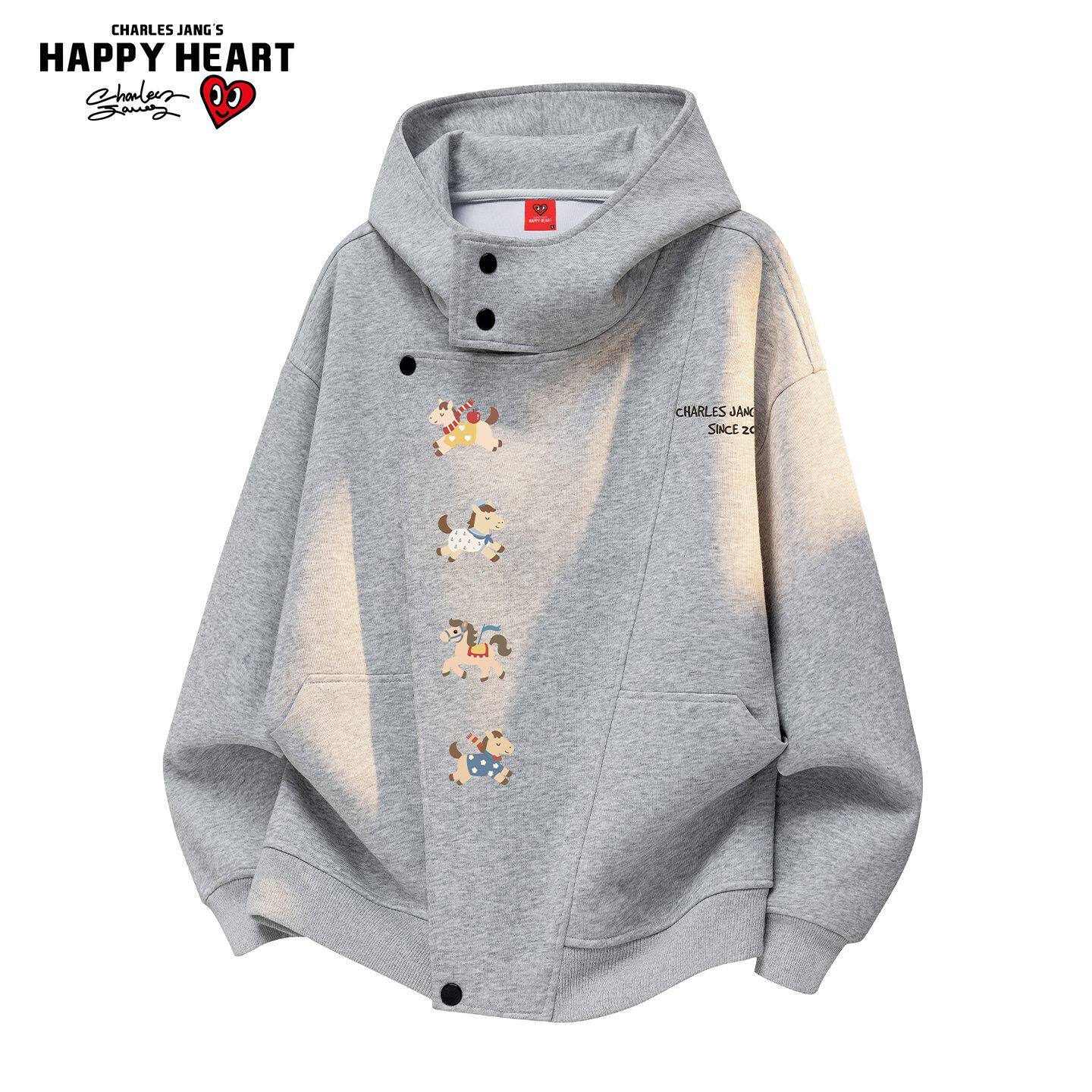 查尔斯桃心 小马卡通涂鸦重磅加绒开衫连帽卫衣春秋男女宽松外套 - 查尔斯桃心官方旗舰店出品