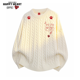 新款 兔子印花毛衣男圆领秋冬季 宽松潮牌情侣上衣 美式 查尔斯桃心