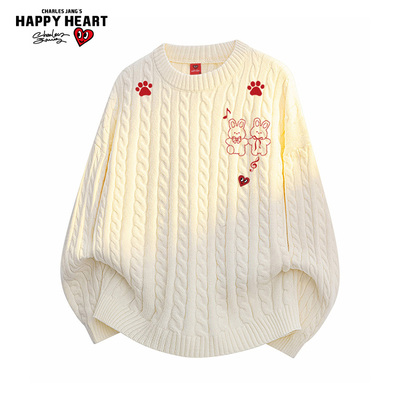 查尔斯桃心兔子印花毛衣男圆领