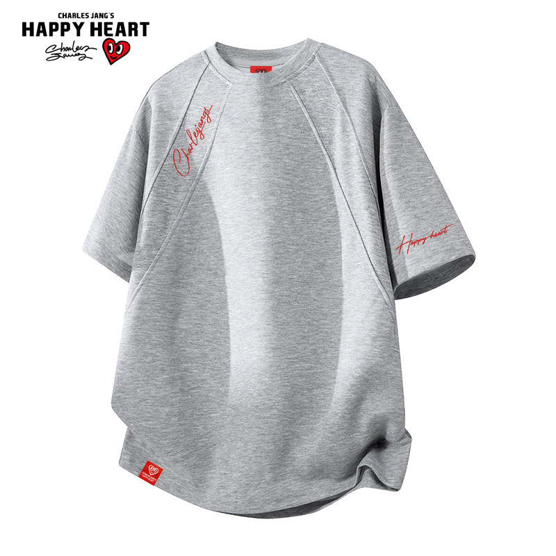 查尔斯桃心 美式解构圆领短袖t恤男夏季新款硬挺字母印花透气半袖