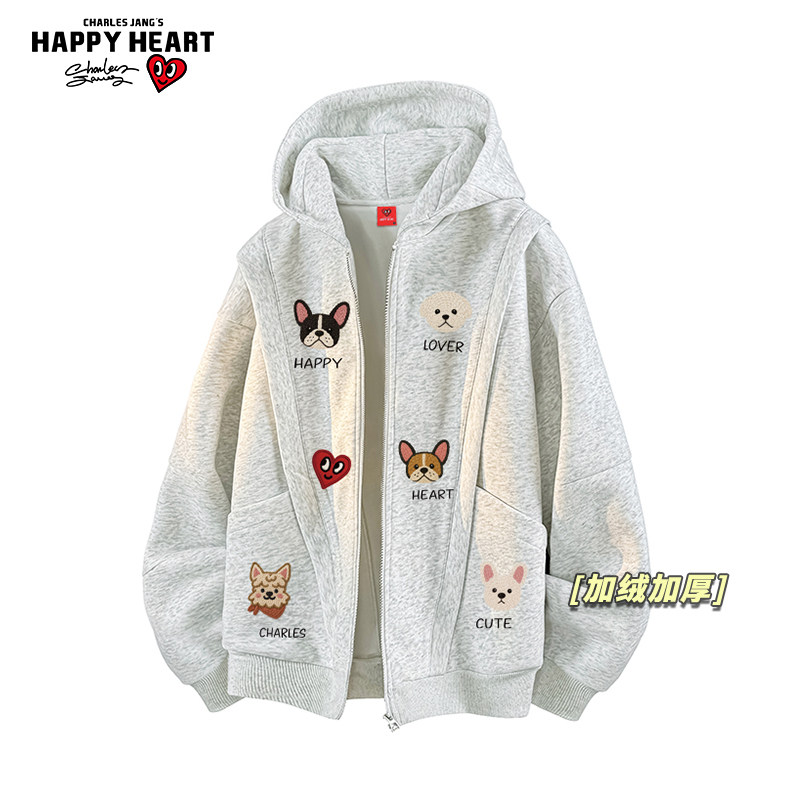查尔斯桃心小狗印花开衫加绒加厚休闲卫衣男女冬季新款运动外套潮