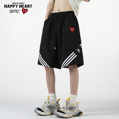 查尔斯桃心美式绣标条纹运动短裤