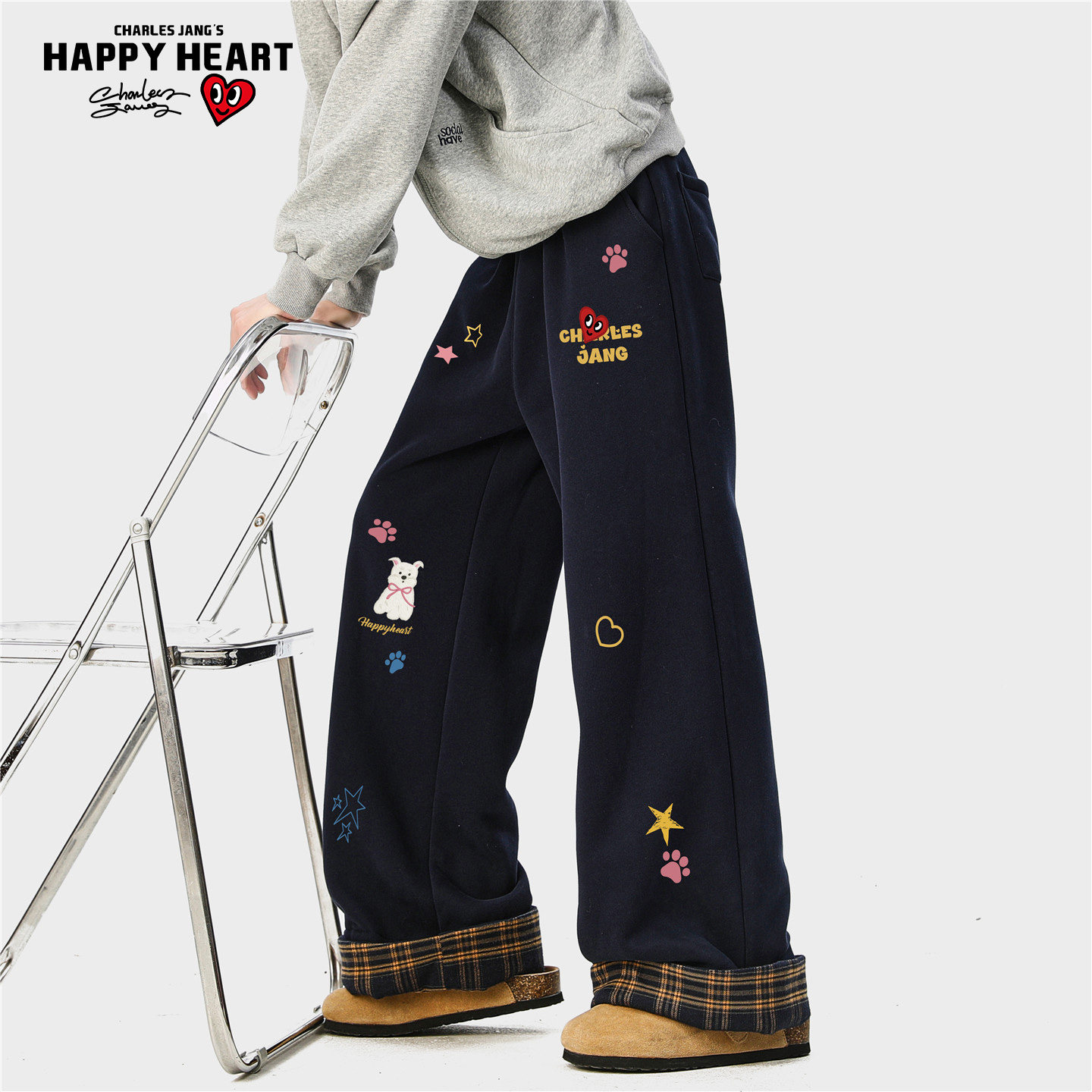 查尔斯桃心趣味小狗格子卷边加绒加厚裤子男女冬季宽松直筒休闲裤,男装,休闲裤,淘宝优惠券,粉丝福利购,淘宝优惠卷