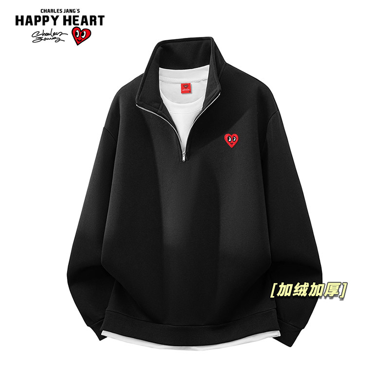 查尔斯桃心美式半拉链立领卫衣男士冬季新款宽松加绒加厚休闲上衣