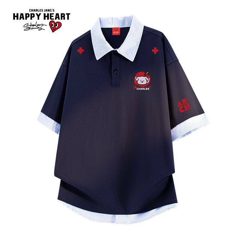 查尔斯桃心假两件纯棉苹果印花POLO衫男短袖夏季情侣百搭翻领T恤