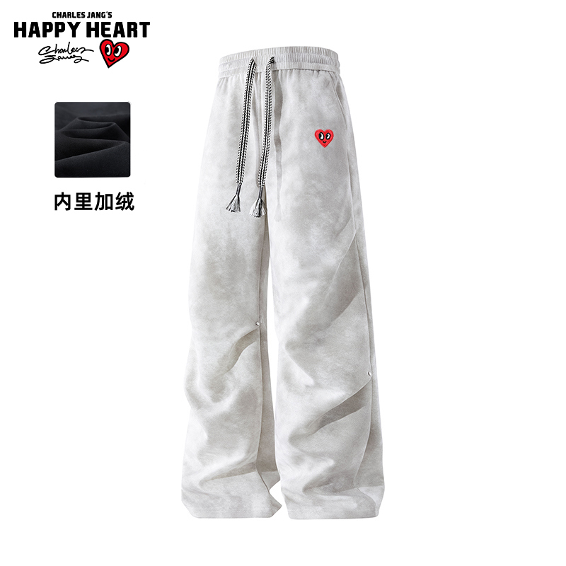 查尔斯桃心 美式折痕休闲脏脏裤男女秋冬季加绒加厚阔腿伞兵长裤