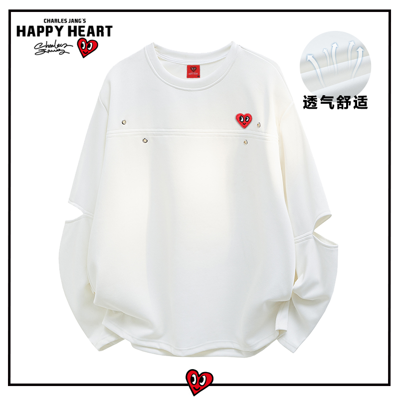 查尔斯桃心解构拼接破洞圆领卫衣男春秋季设计宽松休闲圆领上衣服