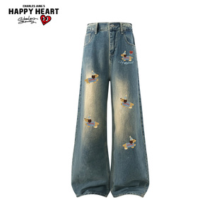 查尔斯桃心美式腊肠狗牛仔裤男款春秋宽松阔腿加绒直筒微喇长裤子