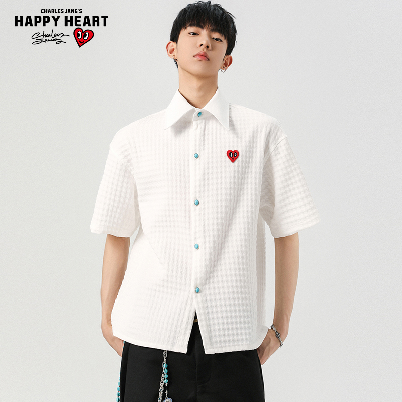 查尔斯桃心格子纹理美式短袖衬衫男夏季宽松通勤2025新款爱心刺绣
