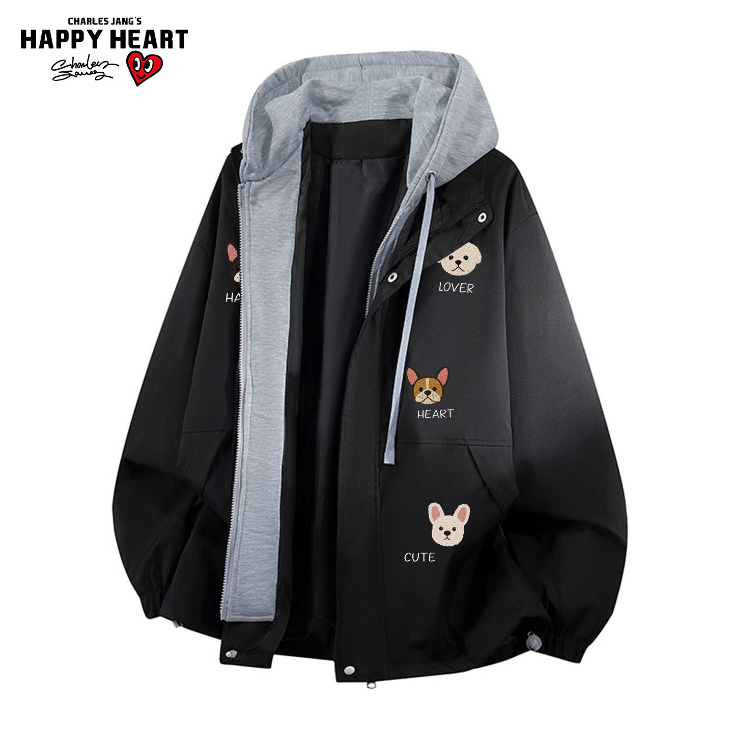 查尔斯桃心 小狗印花假两件连帽夹克男女春秋季宽松潮牌情侣外套