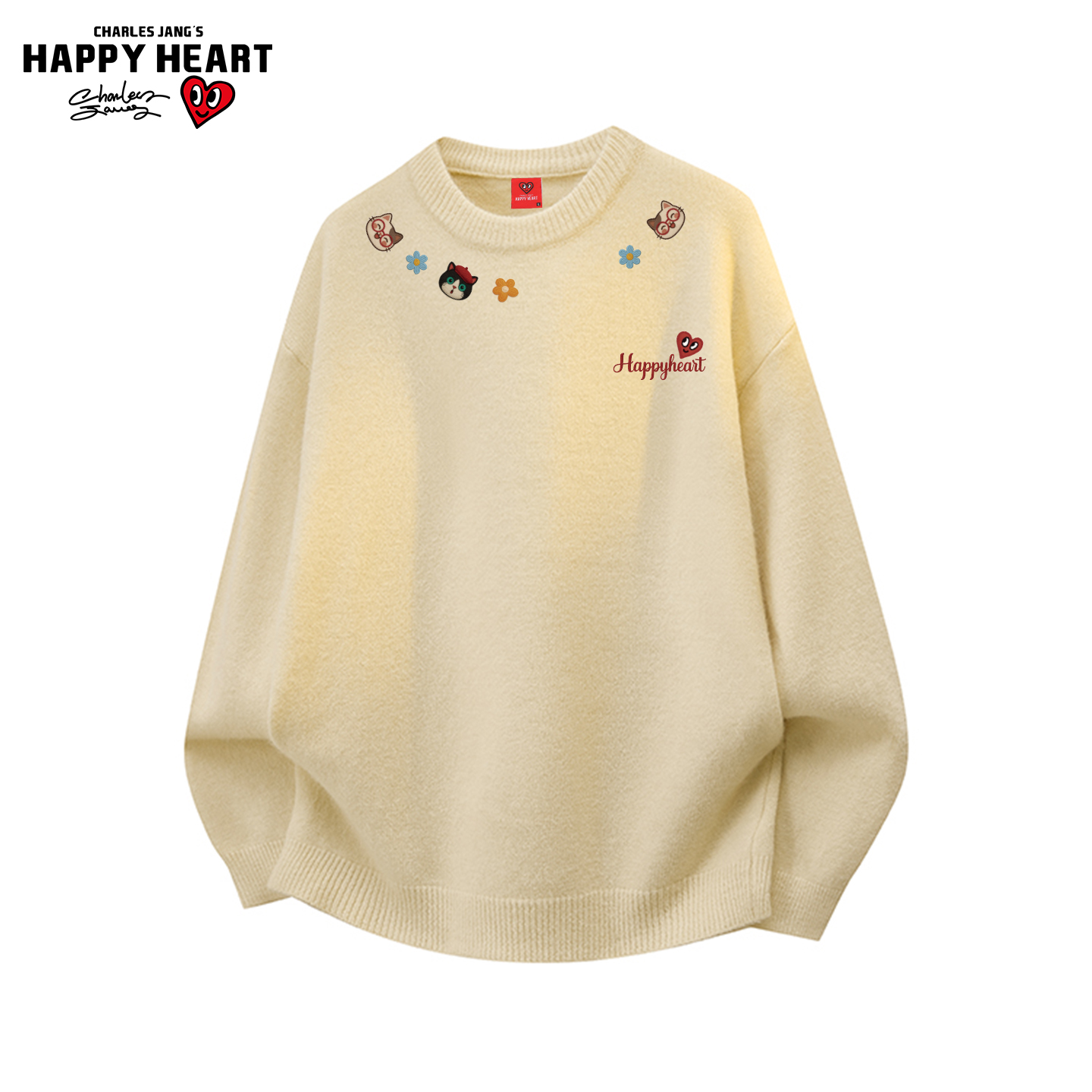 查尔斯桃心小猫印花软糯圆领毛衣