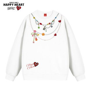 内搭 春秋高街痞帅长袖 查尔斯桃心美式 珍珠项链印花圆领卫衣男女款