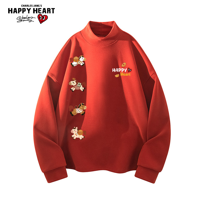 查尔斯桃心马年2026新款红色半高领卫衣男女春秋季百搭休闲上衣服