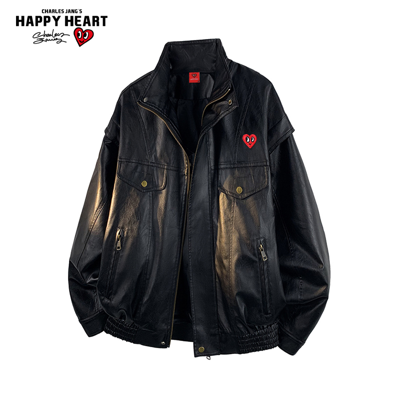 查尔斯桃心美式复古PU皮夹克男秋冬季宽松休闲潮流机车服翻领外套