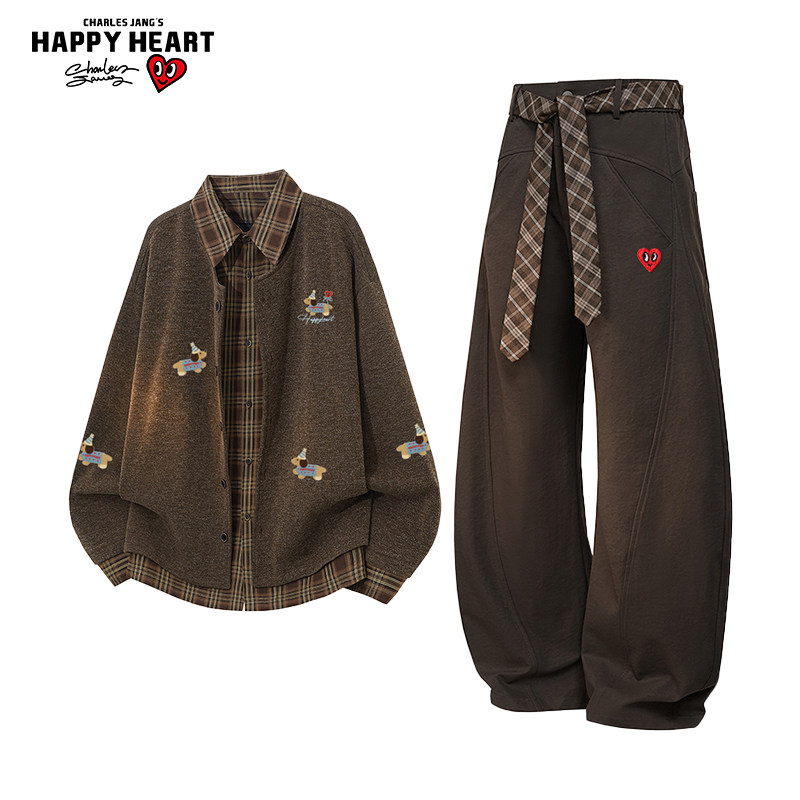 查尔斯桃心休闲套装男女春秋季新款宽松拼接夹克外套百搭直筒长裤