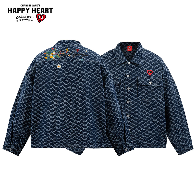 查尔斯桃心花卉印花牛仔夹克男