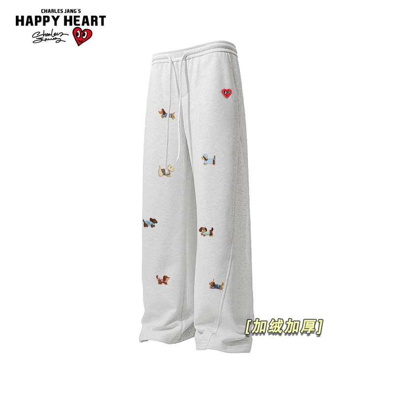 查尔斯桃心小狗印花长裤子冬季新款男女加绒加厚宽松直筒休闲卫裤,男装,休闲裤,淘宝优惠券,粉丝福利购,淘宝优惠卷