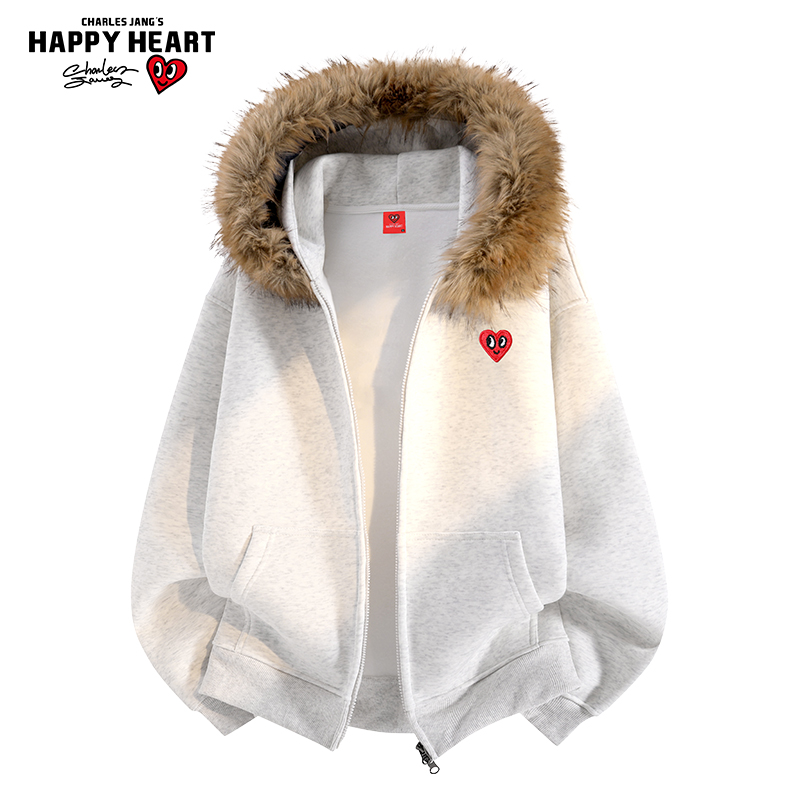 查尔斯桃心毛领拉链开衫卫衣外套