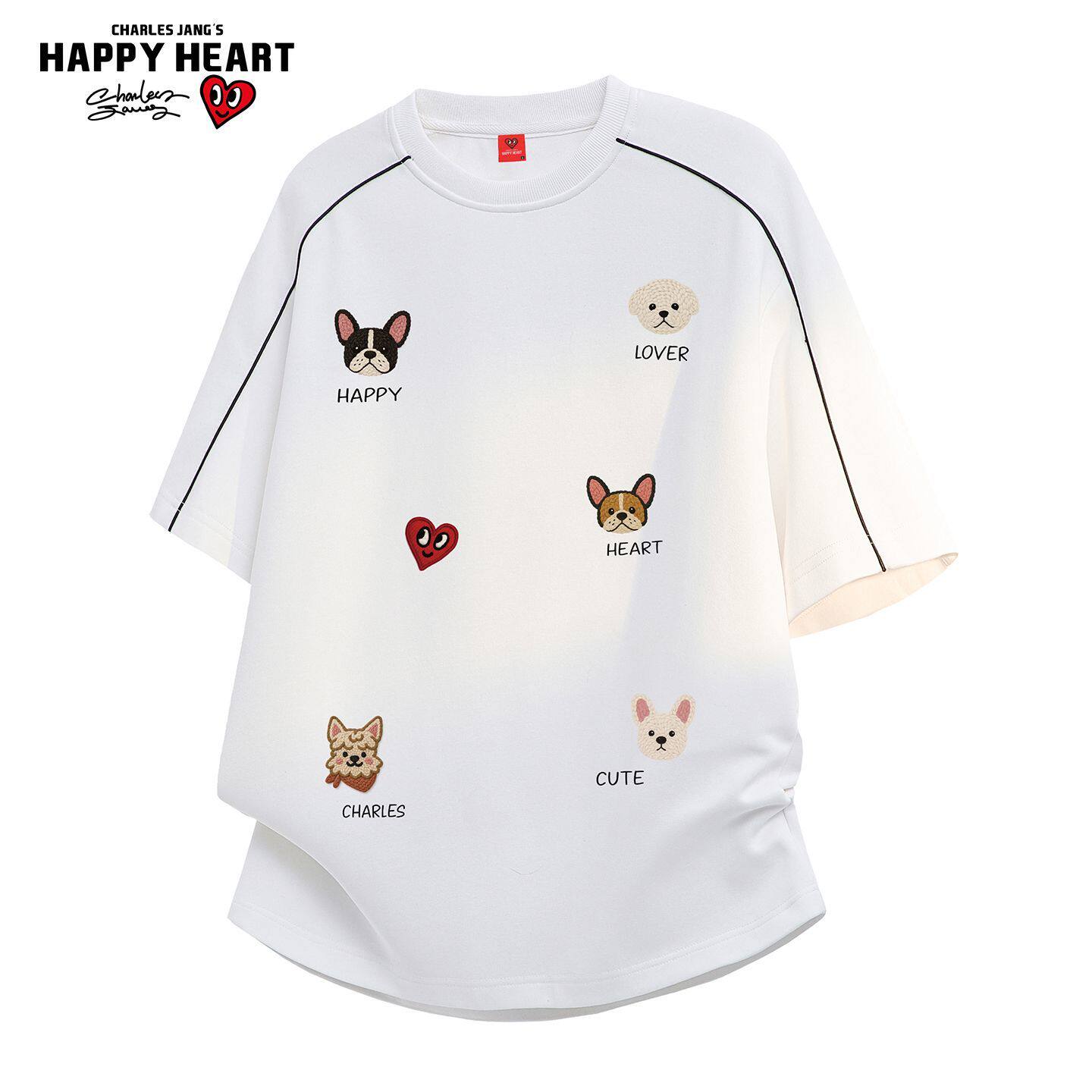查尔斯桃心 美式解构拼接小狗涂鸦油漆圆领短袖T恤男女宽松半袖