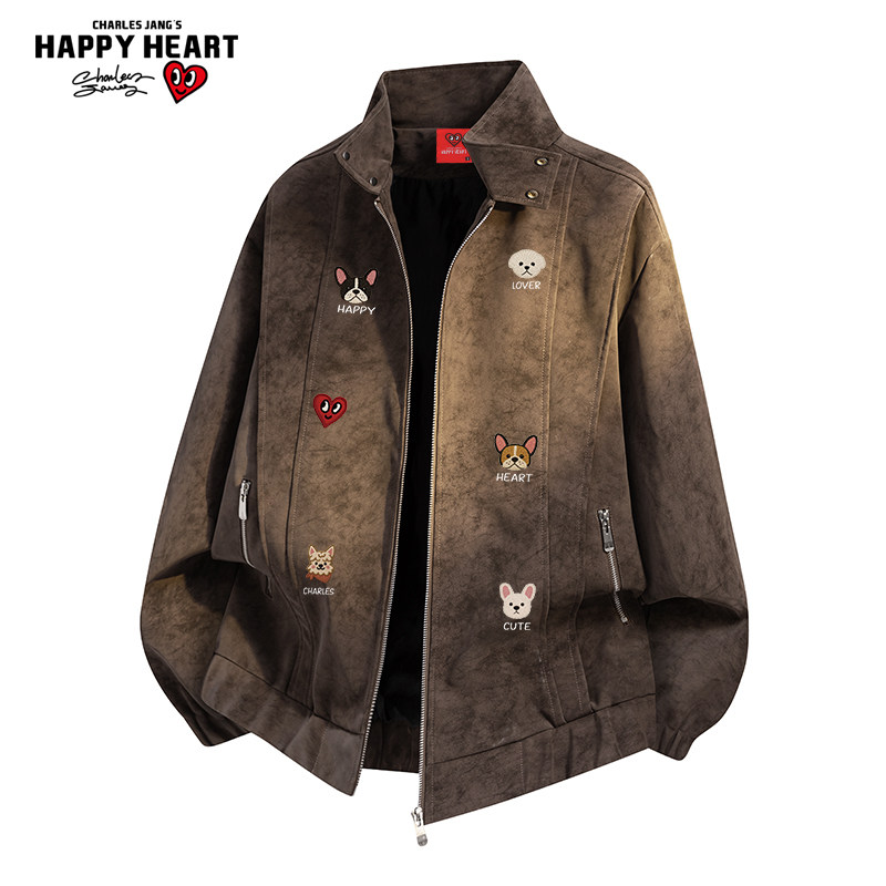 查尔斯桃心美式解构宠物印花PU皮夹克外套春秋季立领百搭休闲情侣