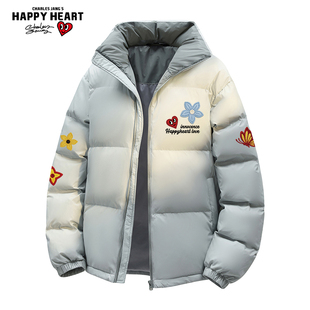 查尔斯桃心美式90鸭绒蝴蝶花卉印花羽绒服男冬季撞色加厚保暖外套