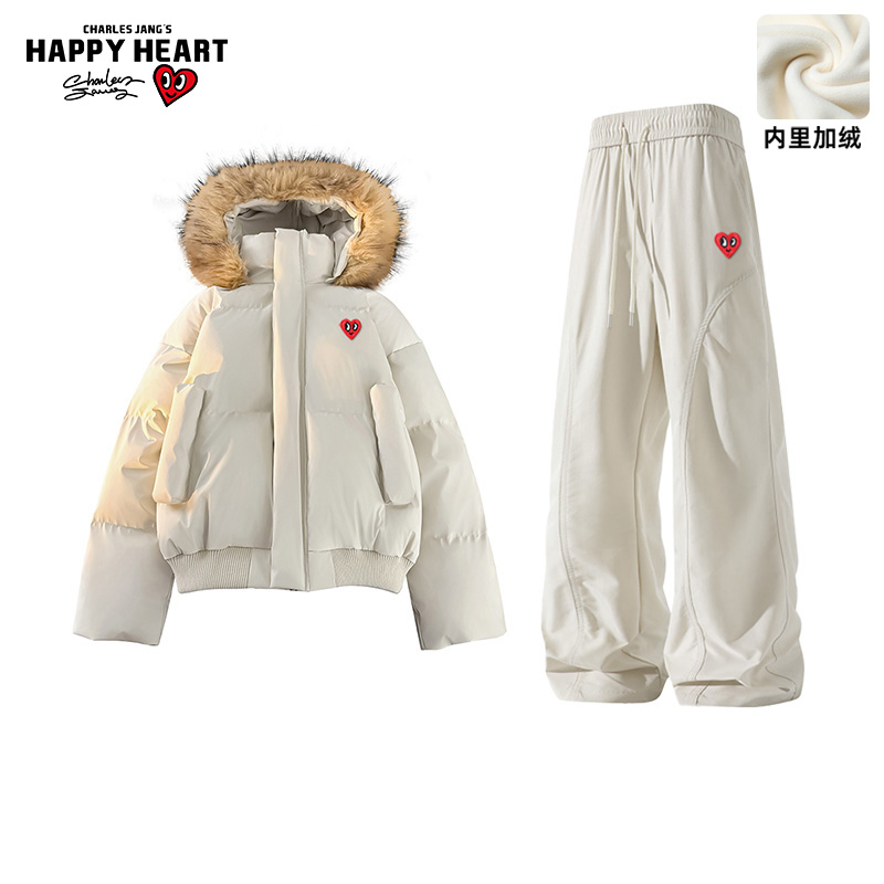 查尔斯桃心连帽棉衣休闲套装男