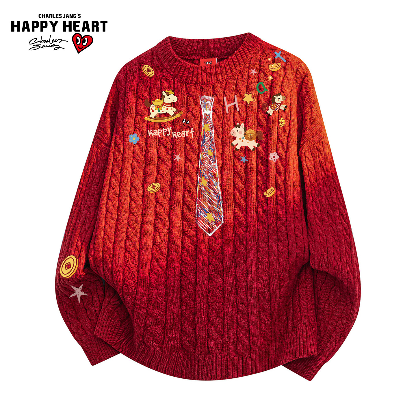 查尔斯桃心迎春马年红色圆领毛衣男春秋季麻花条纹领带印花上衣
