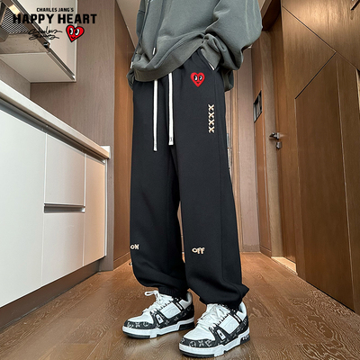 查尔斯桃心美式字母刺绣运动裤