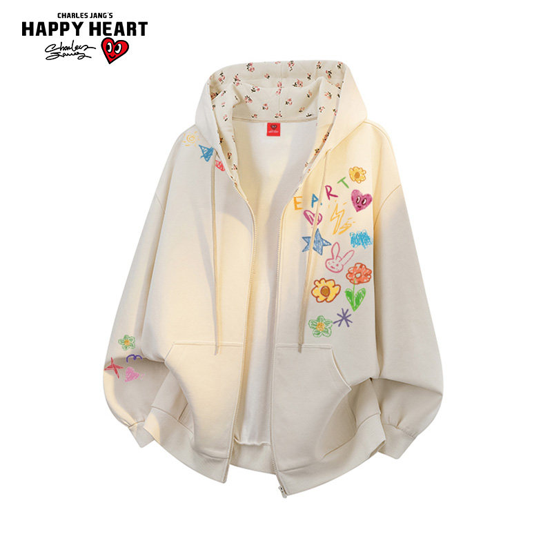 查尔斯桃心卡通花卉涂鸦开衫连帽卫衣男女秋冬季宽松休闲情侣外套