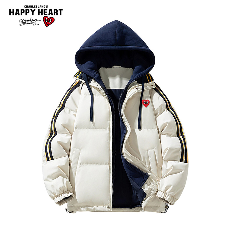 查尔斯桃心美式条纹假两件拼接连帽面包棉服