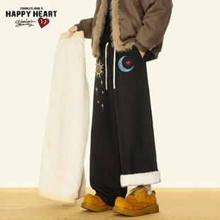 查尔斯桃心美式加绒休闲裤男女冬季加厚保暖图案印花直筒长裤子潮