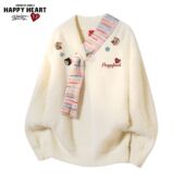 圣诞休闲针织衫 查尔斯桃心小猫印花围巾拼接慵懒毛衣男女冬季 新款