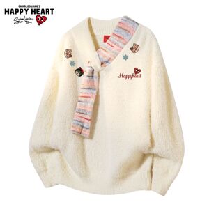 查尔斯桃心小猫印花围巾拼接慵懒毛衣男女冬季新款圣诞休闲针织衫