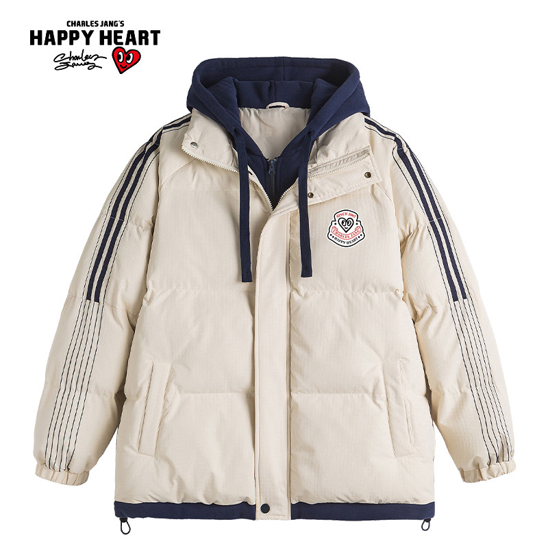查尔斯桃心假两件拼接撞色条纹新款情侣加厚保暖面包服棉服外套男