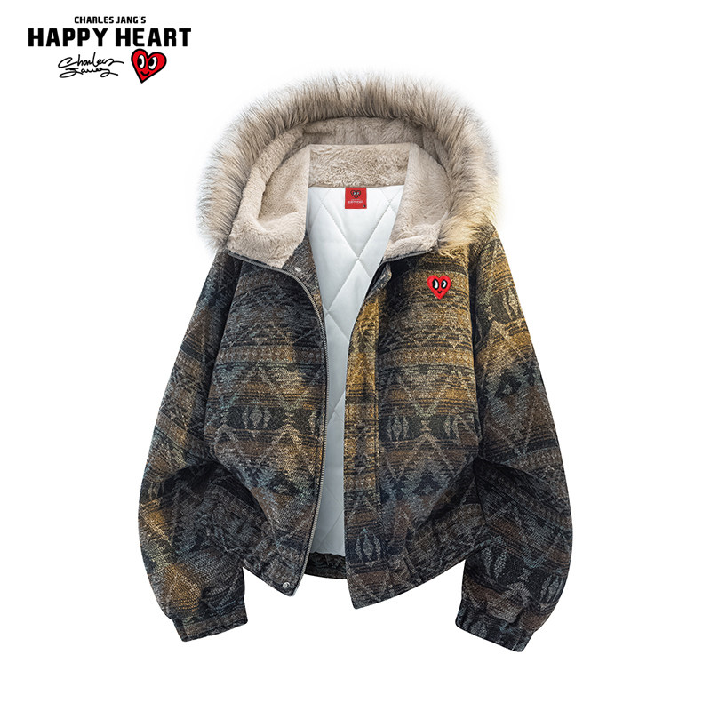 查尔斯桃心费尔岛民族风连帽棉服