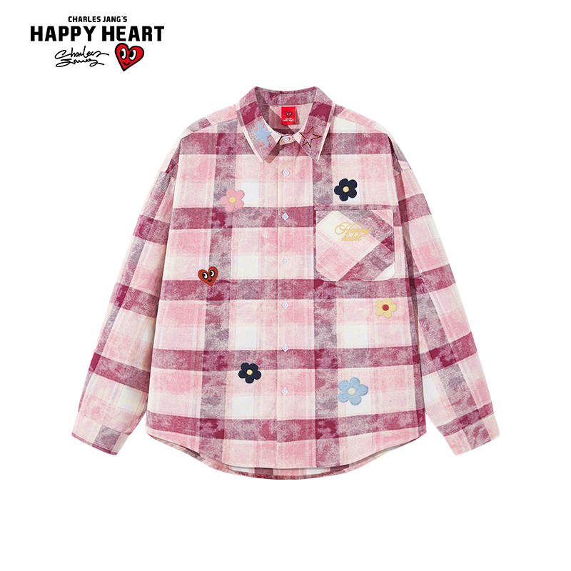 查尔斯桃心 落肩袖格纹衫时尚宽松百搭韩风情侣衬衣