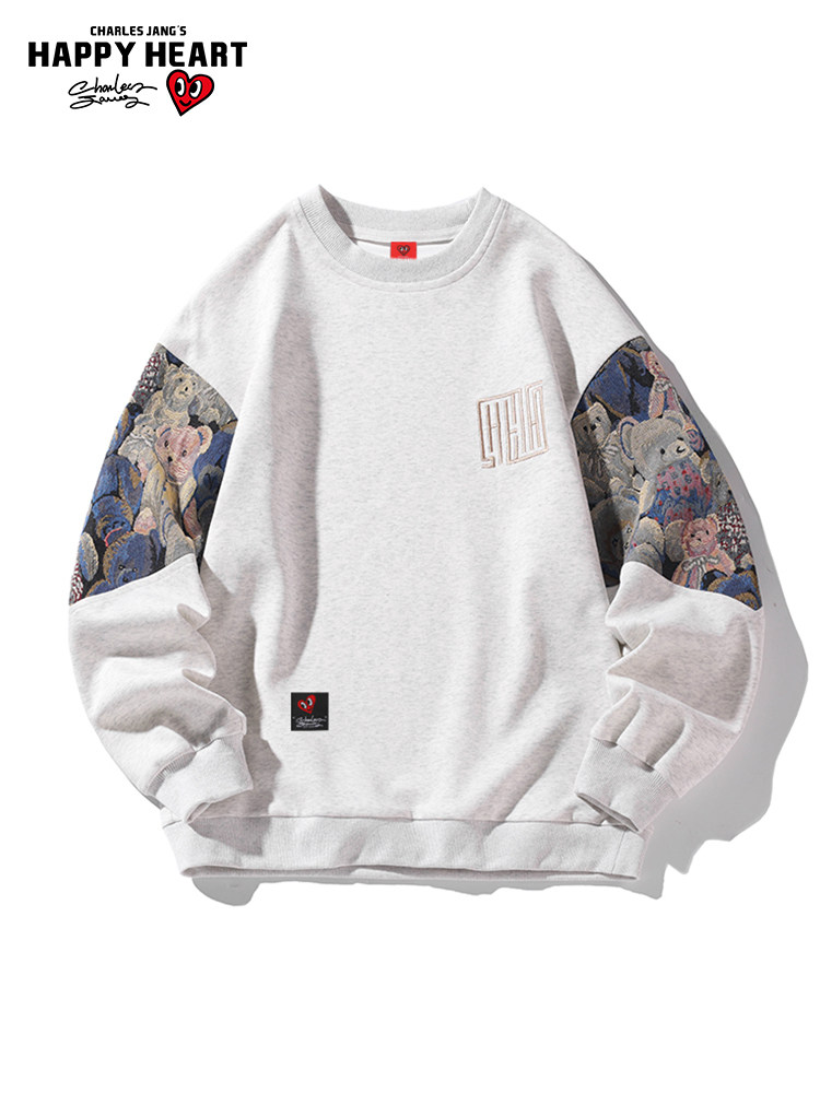 찰스 하트 베어 스웨터 남자 봄 가을 스티치 대비 색 자수 2024 커플 라운드 넥 바닥 셔츠