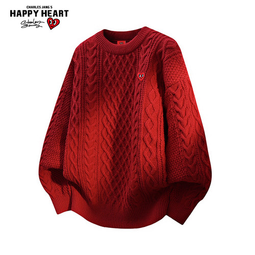 查尔斯桃心麻花圆领毛衣男女冬季新款宽松休