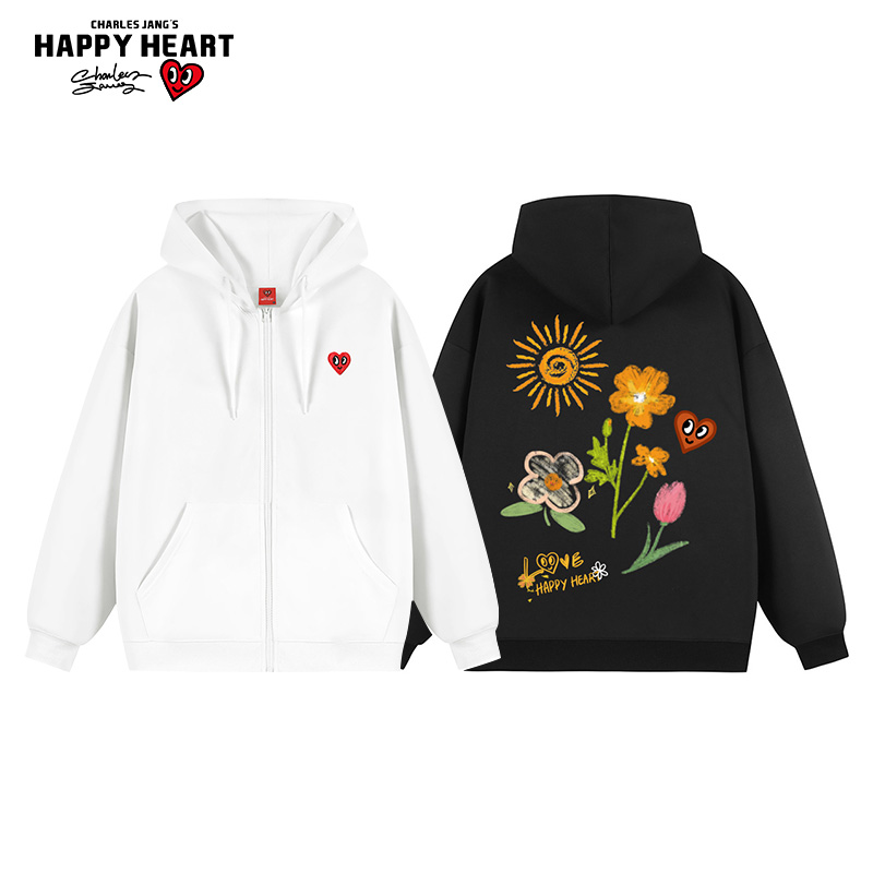 查尔斯桃心太阳花卉印花连帽开衫卫衣男女款春秋季休闲上衣服外套
