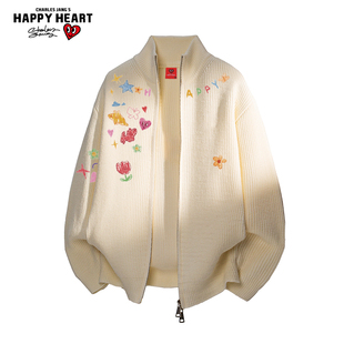 查尔斯桃心卡通涂鸦立领开衫毛衣男女冬季宽松休闲情侣针织外套潮