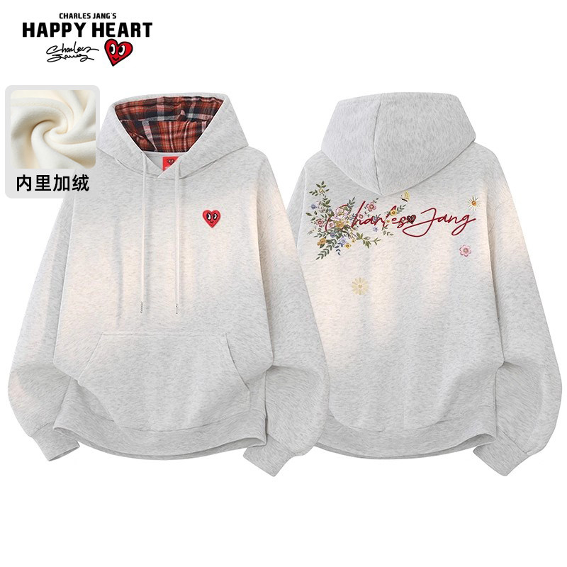查尔斯桃心美式连帽卫衣秋冬季花卉字母印花拼色百搭加厚情侣上衣