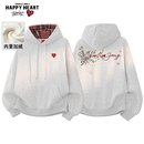 查尔斯桃心美式连帽卫衣秋冬季花卉字母印花拼色百搭加厚情侣上衣